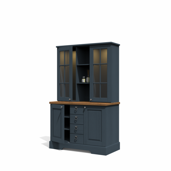 Display cabinet with open shelves and drawers