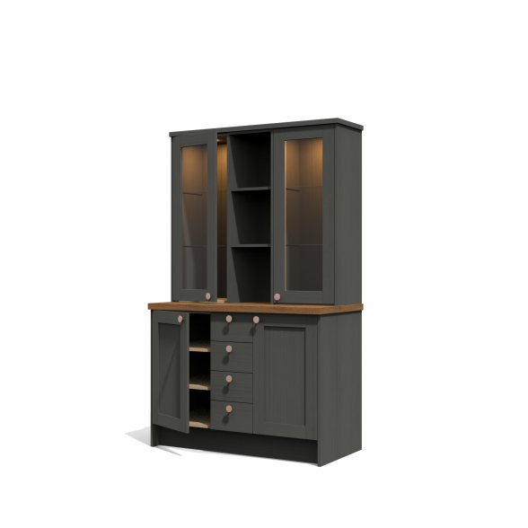 Display cabinet with open shelves and drawers